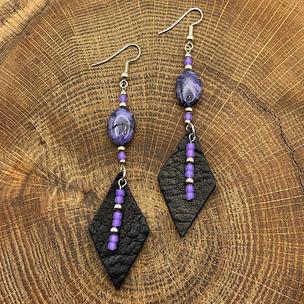 Leather Diamond Gemstone Dangle Earrings Purple Crazy Lace Agate Silver Beads
